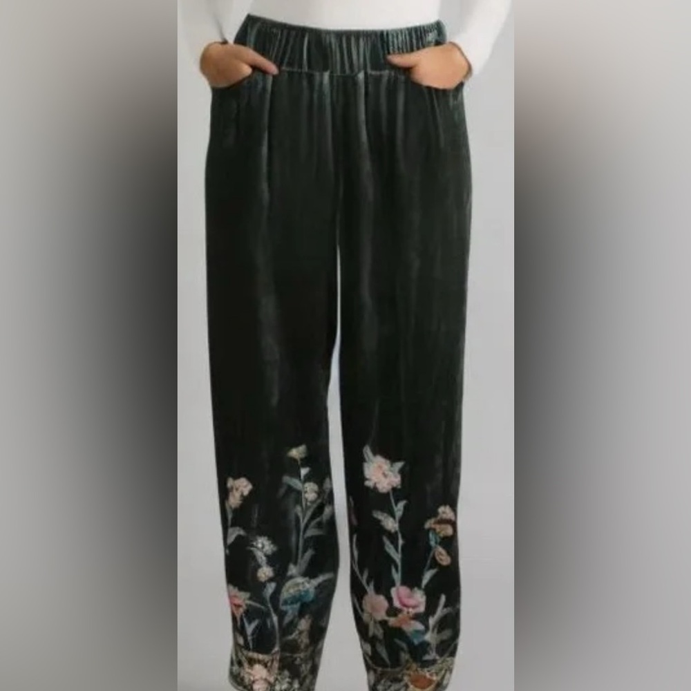 Johnny Was Green velvet embroidered pants.